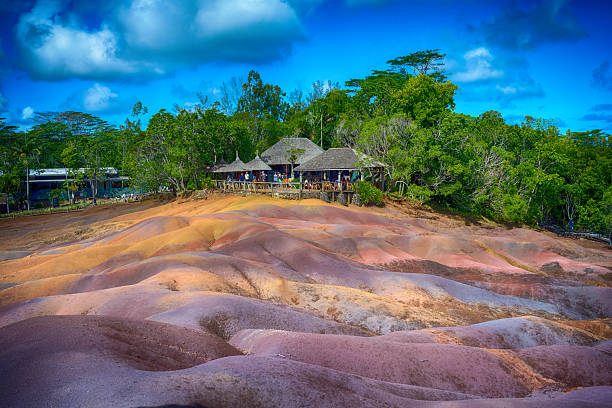The Seven Coloured Earth geological formation at Chamarel showing layers of coloured sand