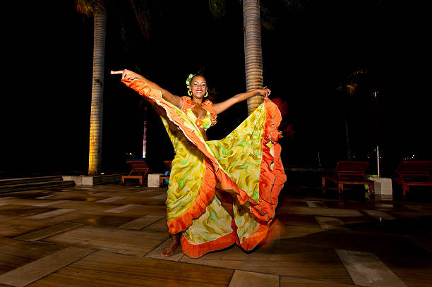 A colourful traditional Sega dance performance on a beach in Mauritius
