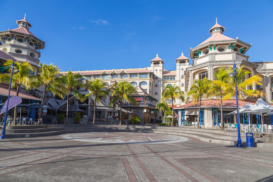 View of the colourful waterfront buildings in Port Louis, Mauritius
