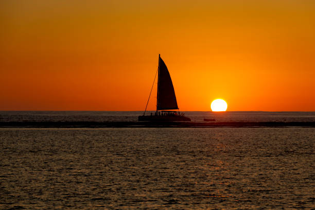 A catamaran sailing on calm blue waters with mountains in the background