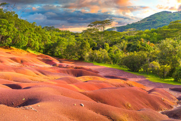 The Seven Coloured Earth sand dunes at Chamarel showing vibrant layers of colour