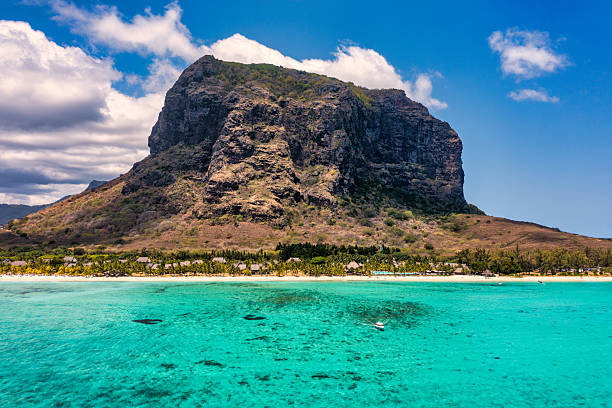 The dramatic Le Morne Brabant mountain rising above a turquoise lagoon