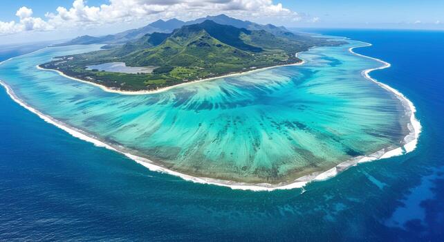 Aerial view of the turquoise coastline of Mauritius with white sandy beaches